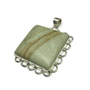Sterling Silver Pendant w/ Rubbed Sage Color Picture Jasper Stone